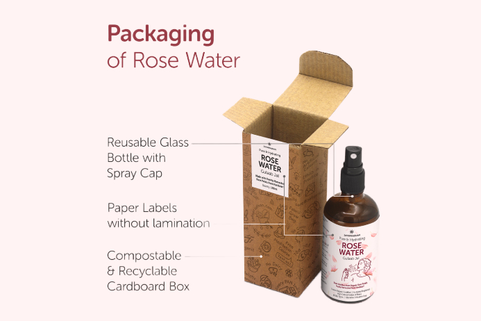 Pure rose water is often produced sustainably, using biodegradable ingredients, eco-friendly methods and packaging.